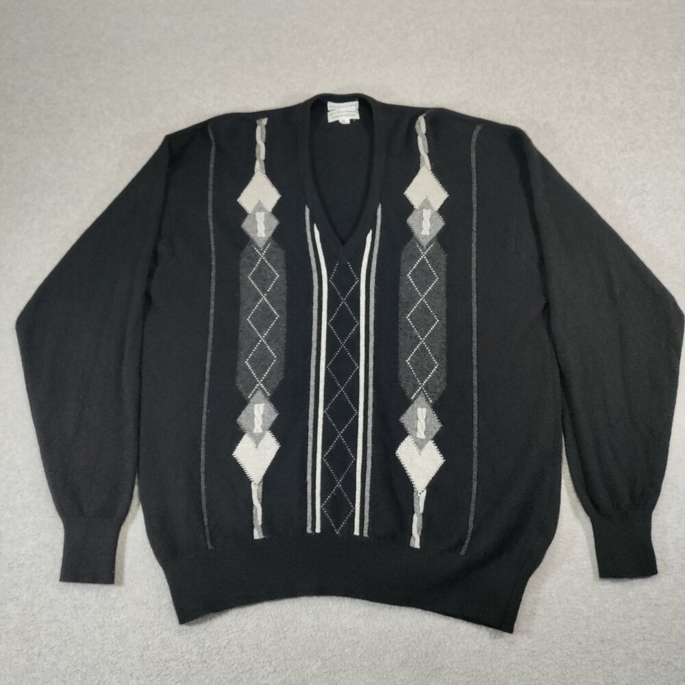 Maus & Hoffman Sweater Mens XL Black Argyle V-Nech Cashmere Pullover Scotland - Picture 1 of 6